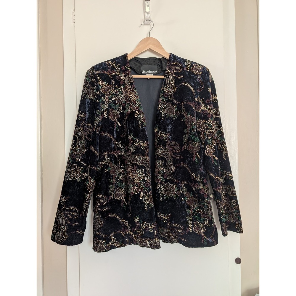 VTG‎ Black Velvet Floral Paisley Open Front Jacket Whimsigoth Dark Fairy Witchy